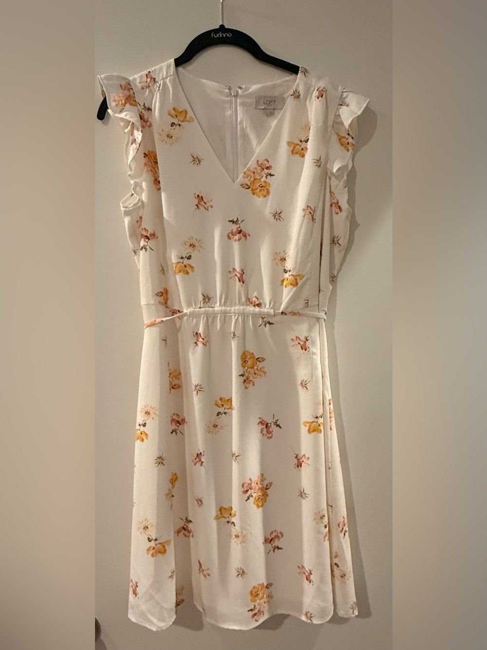 LOFT Outlet Floral Ruffle Sleeve A-Line Dress with Yellow and Pink Blooms